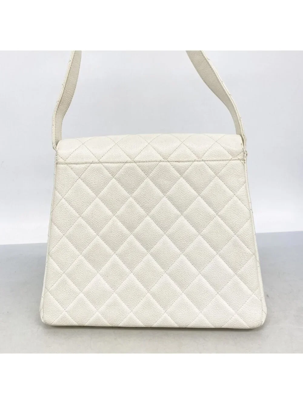 Chanel Shoulder Bag Quilted Caviar Leather White Gold